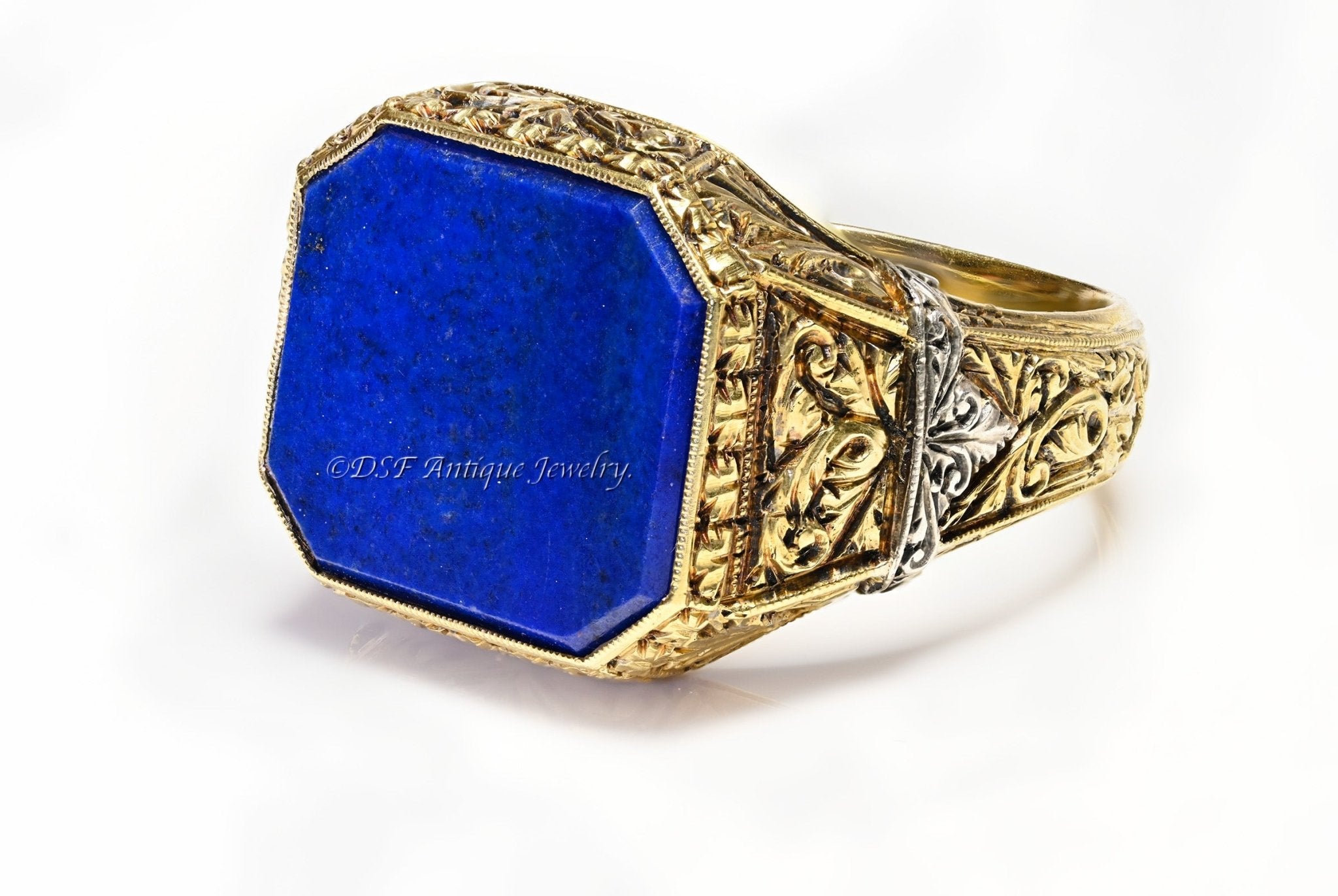 Antique Carved Gold Platinum Lapis Men's Ring