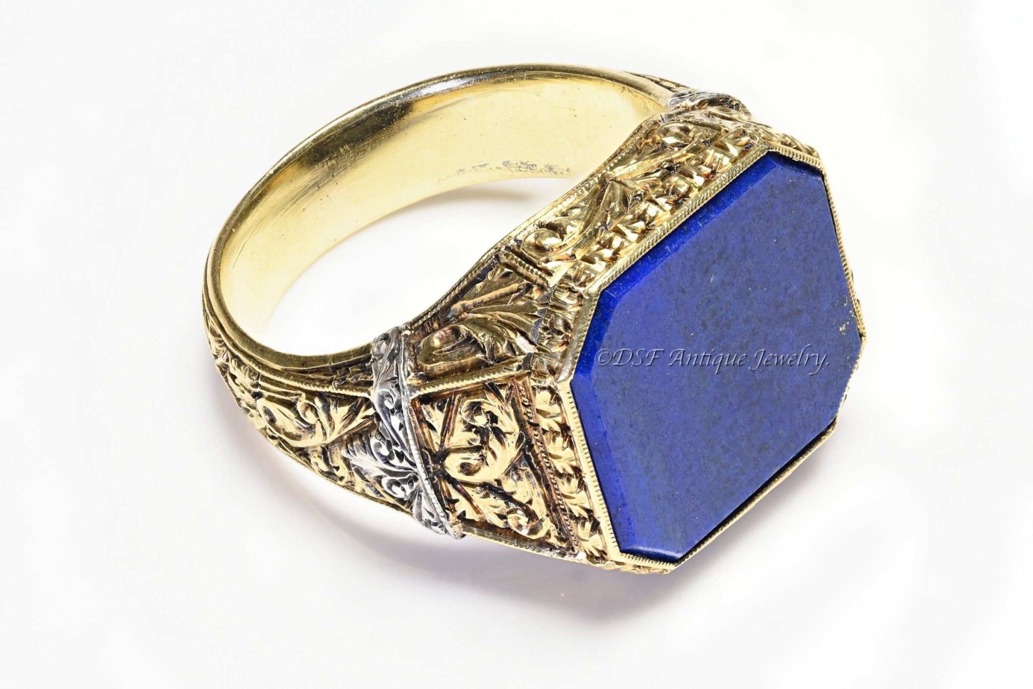 Antique Carved Gold Platinum Lapis Men's Ring