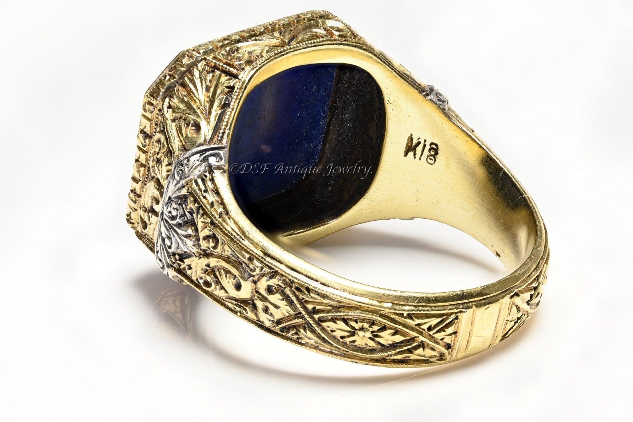 Antique Carved Gold Platinum Lapis Men's Ring