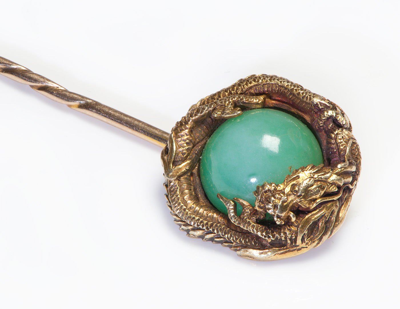 Antique Chinese 16K Gold Dragon Jade Stick Pin