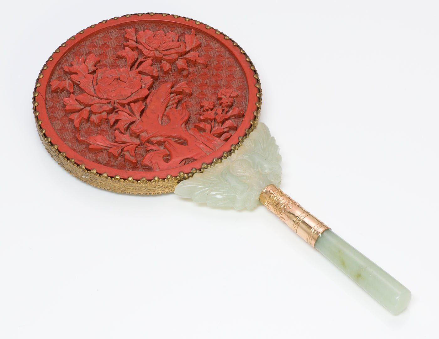 Antique Chinese Cinnabar Jade Large Hand Mirror Qing Dynasty