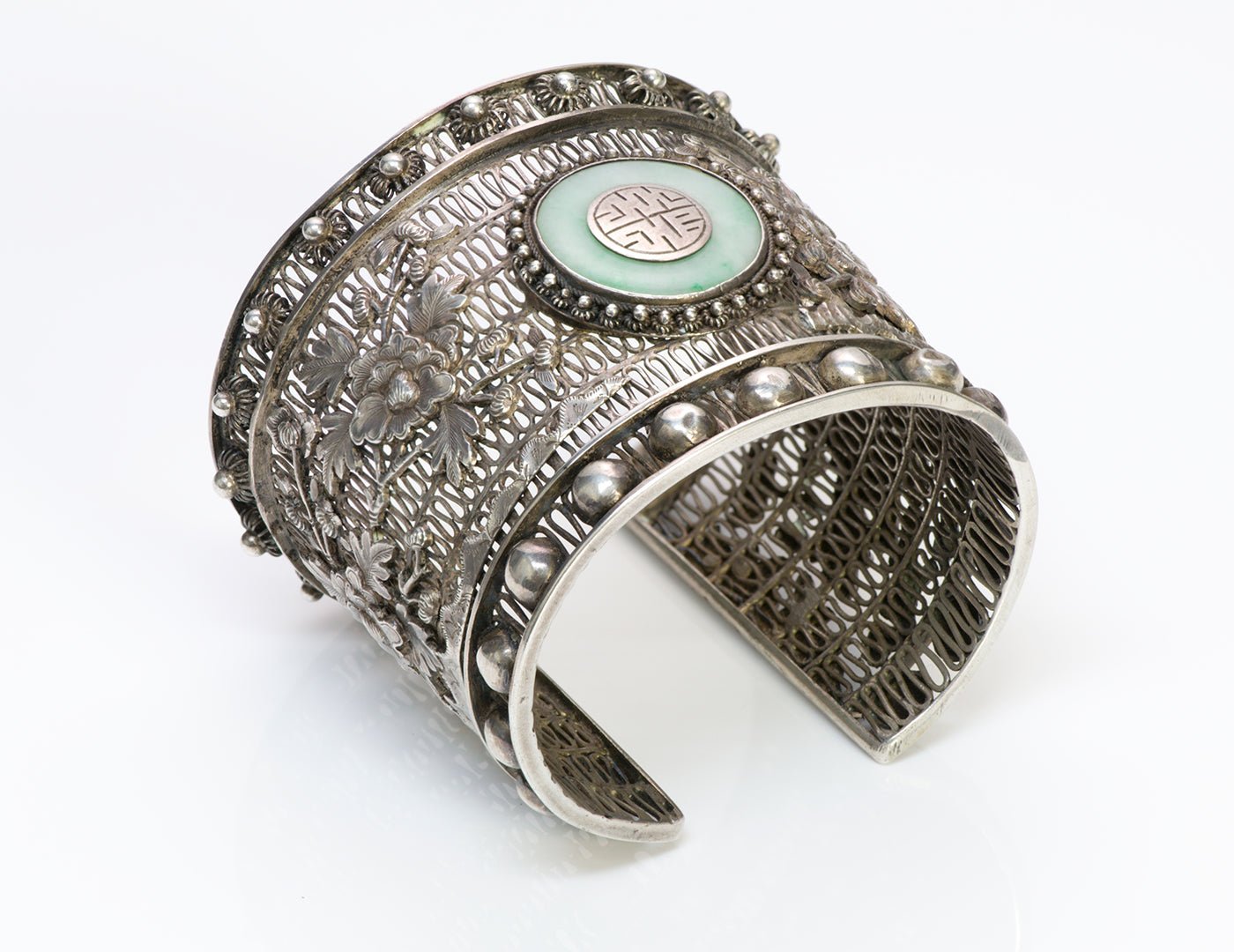 Antique Chinese Jade Filigree Silver Cuff Bracelet
