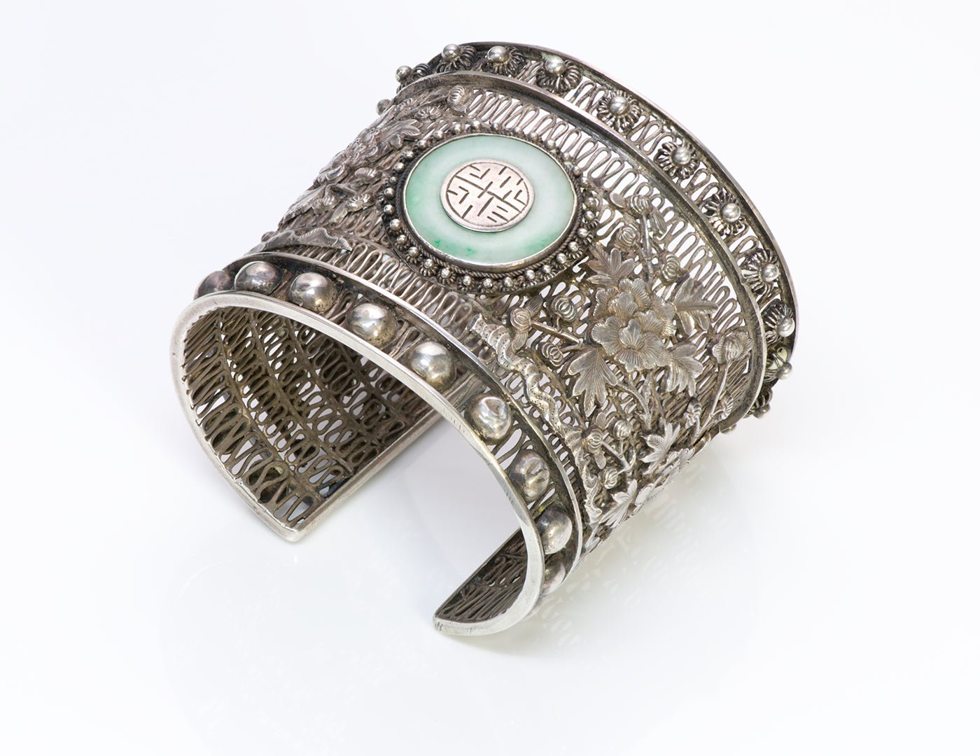 Antique Chinese Jade Filigree Silver Cuff Bracelet