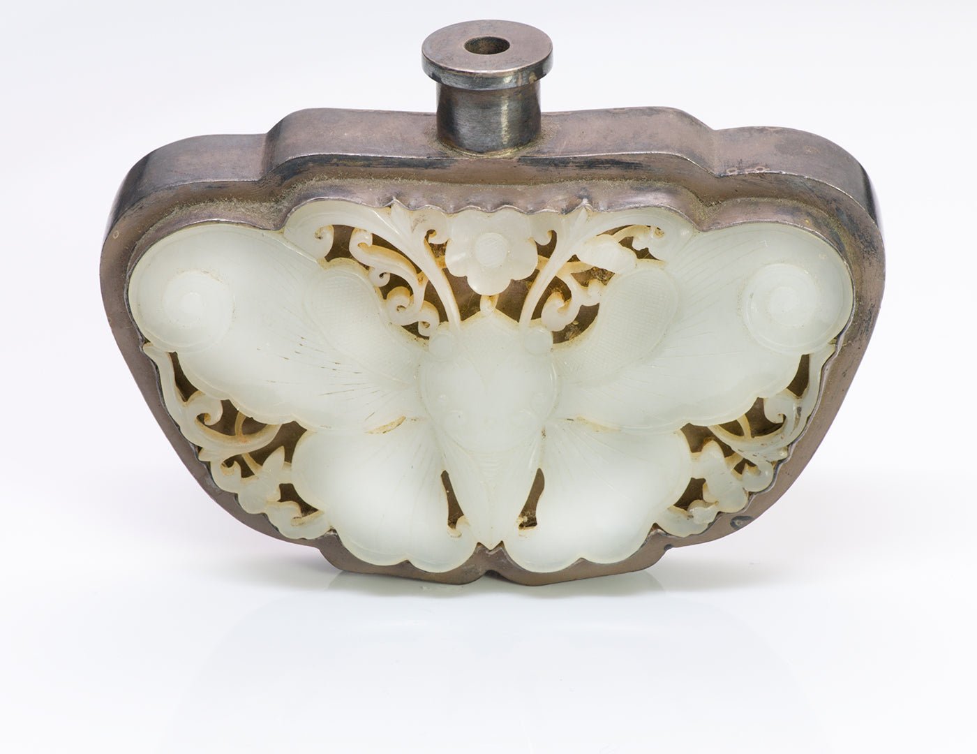 Antique Chinese Silver Jade Moth Scent Flask - DSF Antique Jewelry