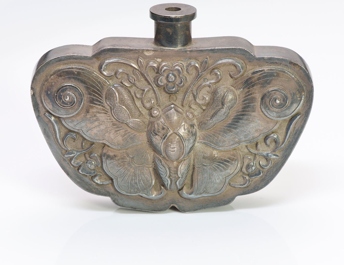 Antique Chinese Silver Jade Moth Scent Flask