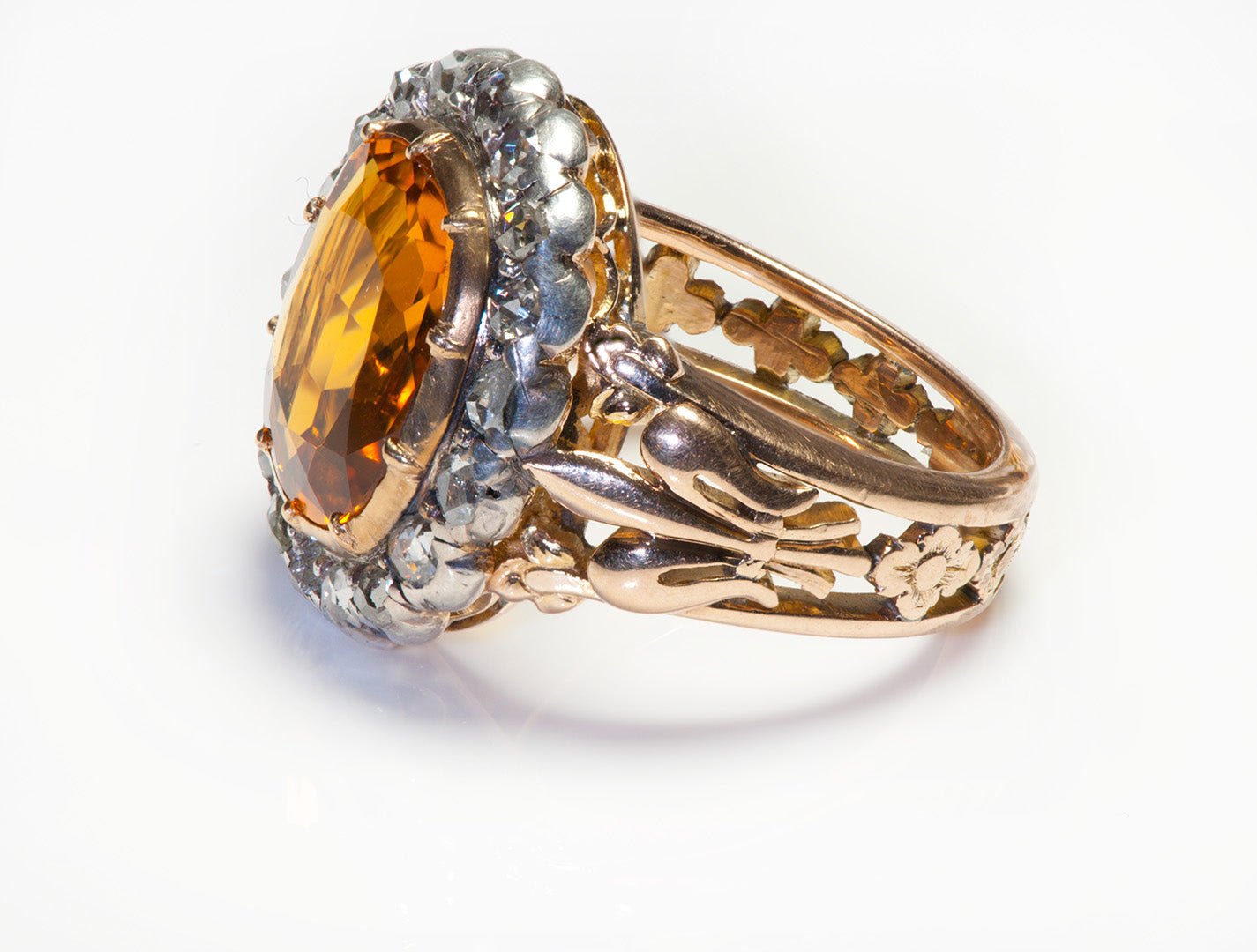 Antique Citrine Diamond Gold Bishop Ring