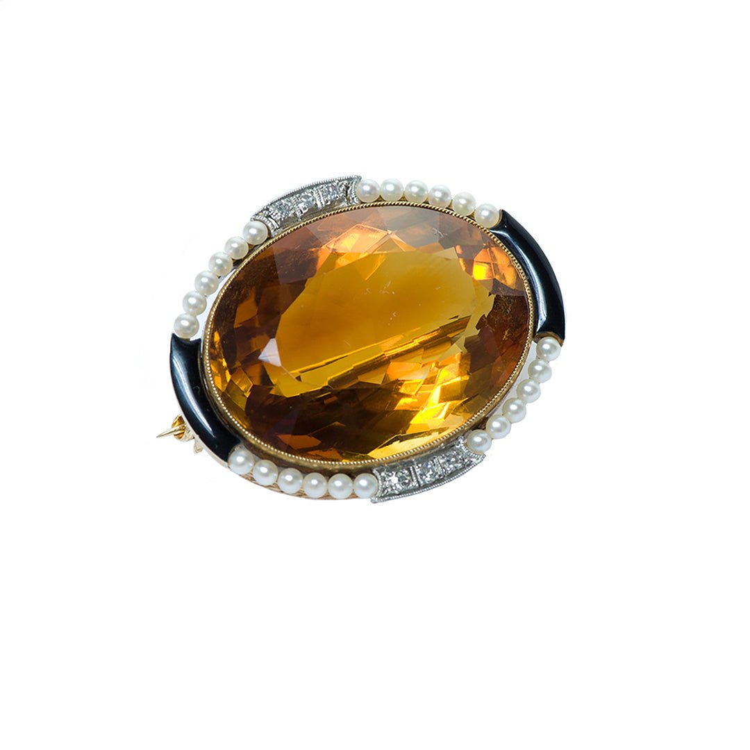Antique Citrine Gold Diamond Pearl Enamel Brooch