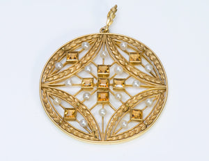 Antique Citrine Pearl Gold Pendant Necklace