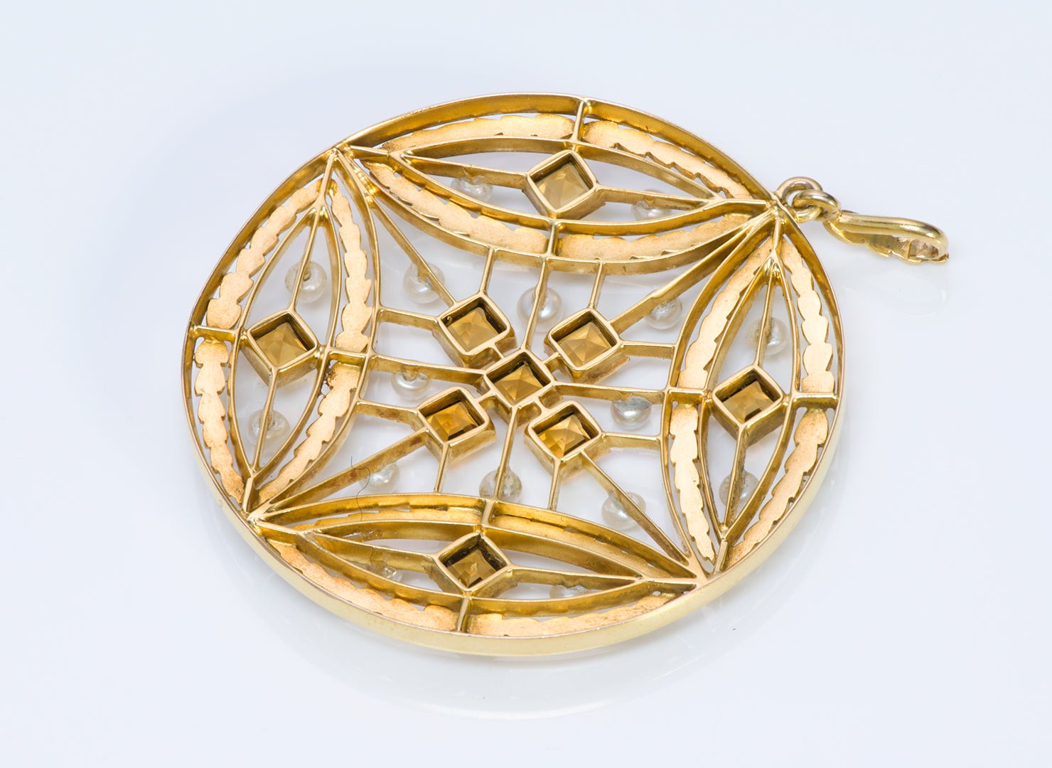 Antique Citrine Pearl Gold Pendant Necklace