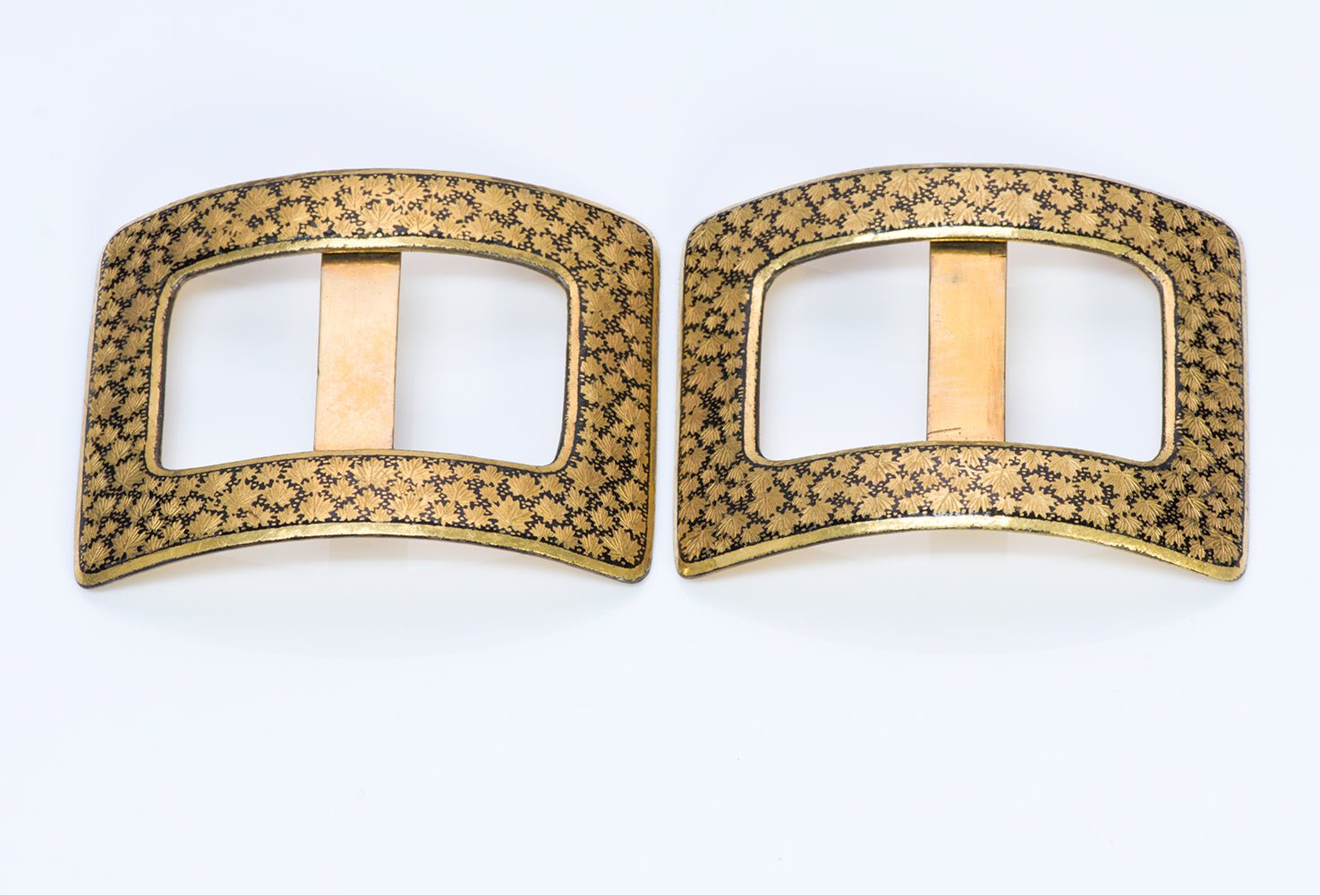 Antique Damascene Iron Gold Shoe Buckles - DSF Antique Jewelry