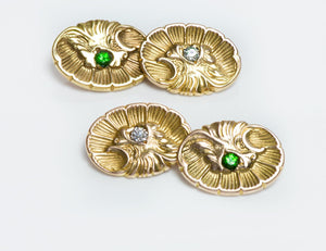 Art Nouveau Demantoid Diamond Shell Griffin Gold Cufflinks