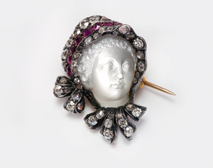Antique Diamond Ruby Silver & Gold Carved Moonstone Lady Bow & Bonnet