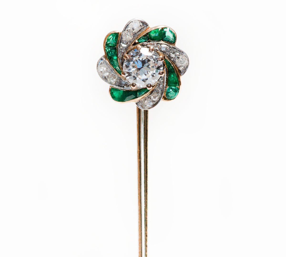 Antique Edwardian Calibre Cut Emerald Diamond Stick Pin