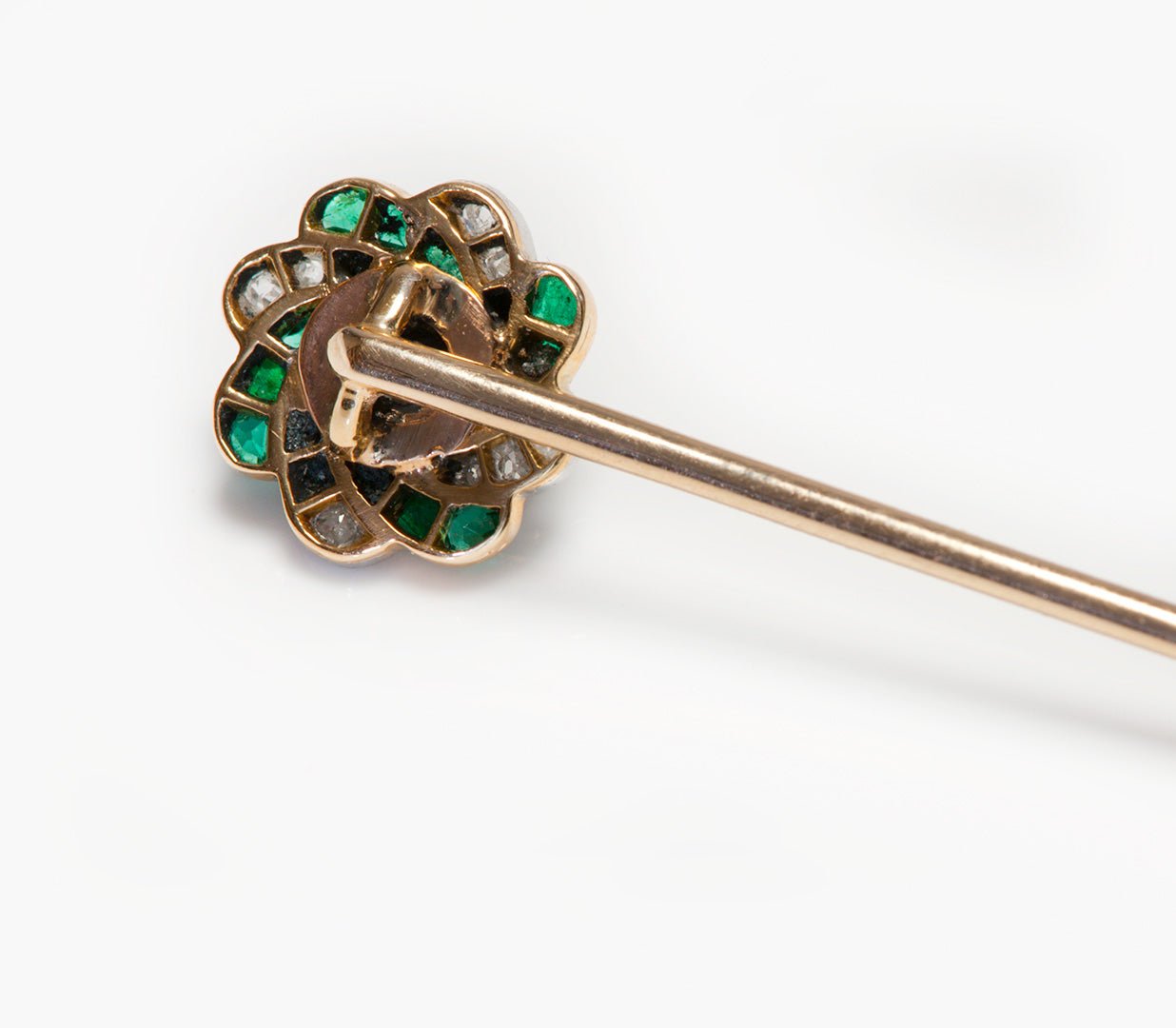 Antique Edwardian Calibre Cut Emerald Diamond Stick Pin
