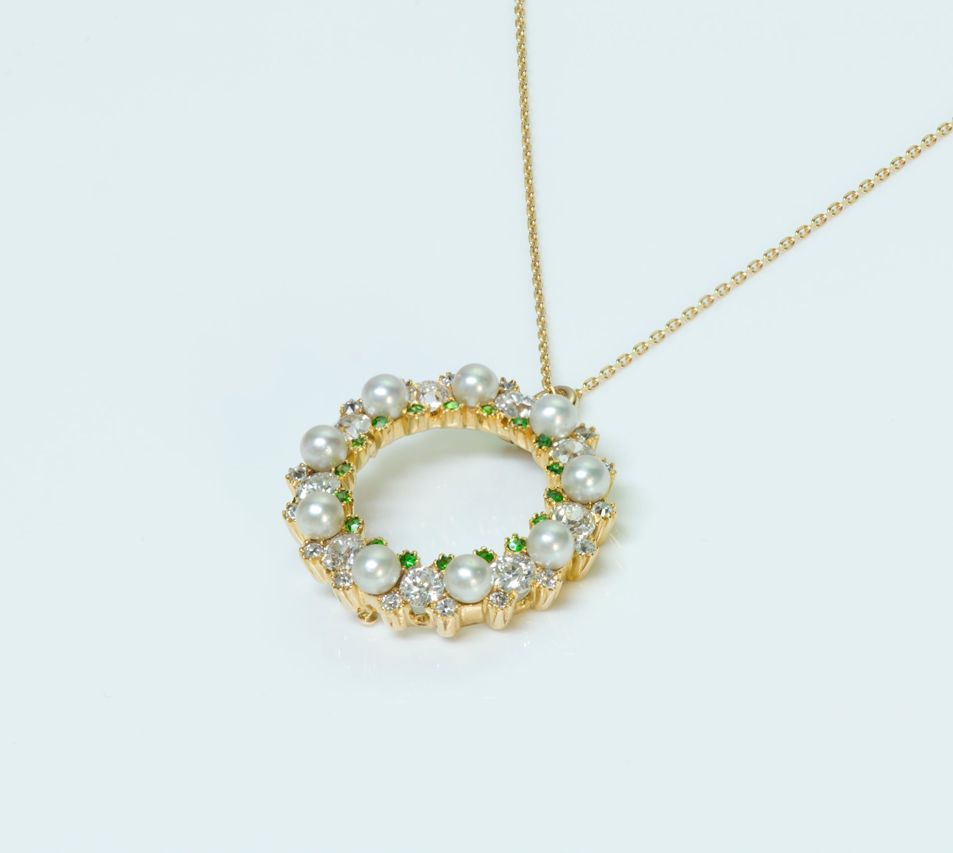Antique Edwardian Diamond Pearl Demantoid Gold Pendant/Necklace - DSF Antique Jewelry