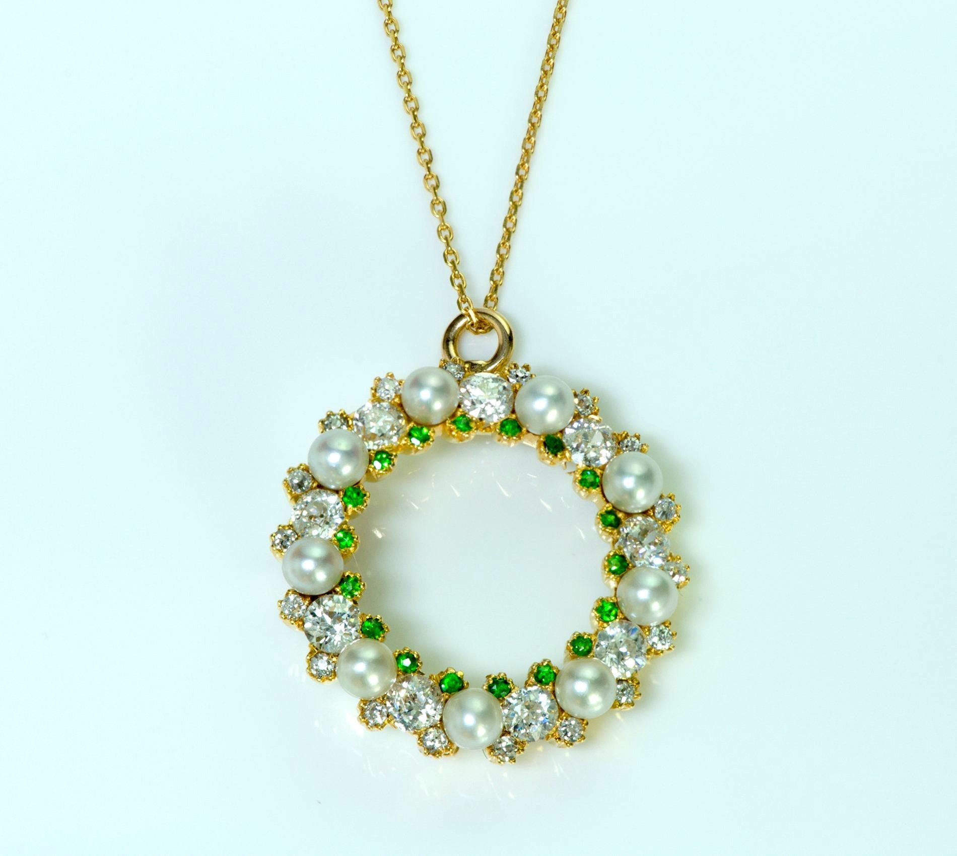 Antique Edwardian Diamond Pearl Demantoid Gold Pendant/Necklace