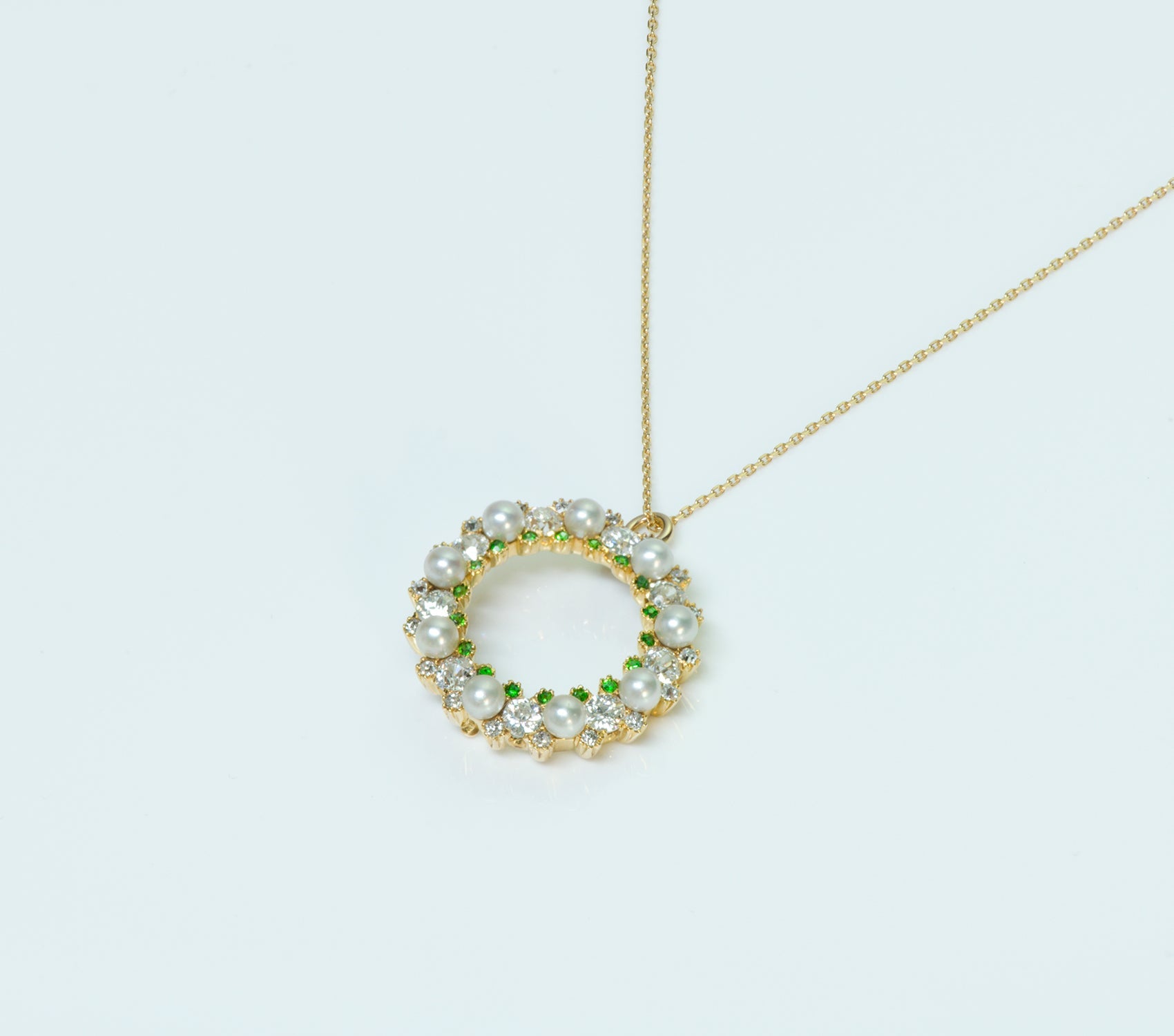 Antique Edwardian Diamond Pearl Demantoid Gold Pendant/Necklace