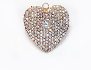 Antique Edwardian Gold Diamond Seed Pearl Heart Pendant Brooch