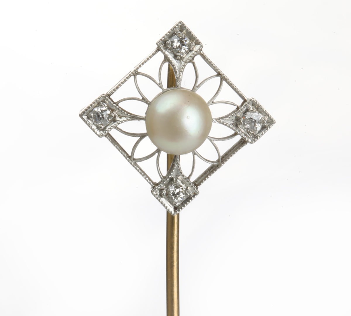 Antique Edwardian Gold Pearl Diamond Stick Pin