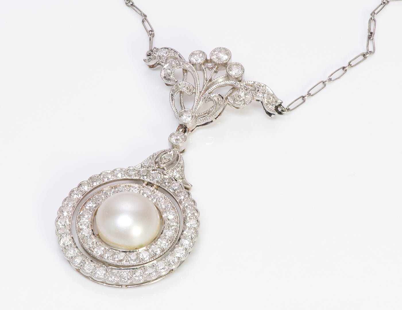 Antique Edwardian Platinum Diamond Pearl Pendant - DSF Antique Jewelry