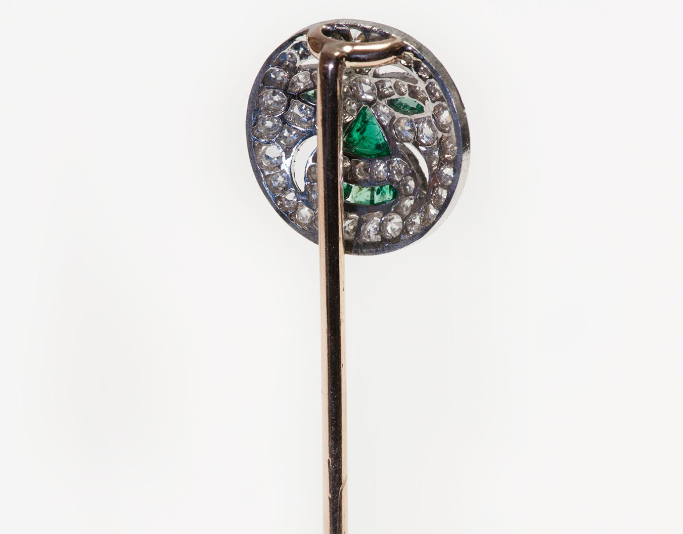 Antique Edwardian Platinum Emerald Diamond Stick Pin