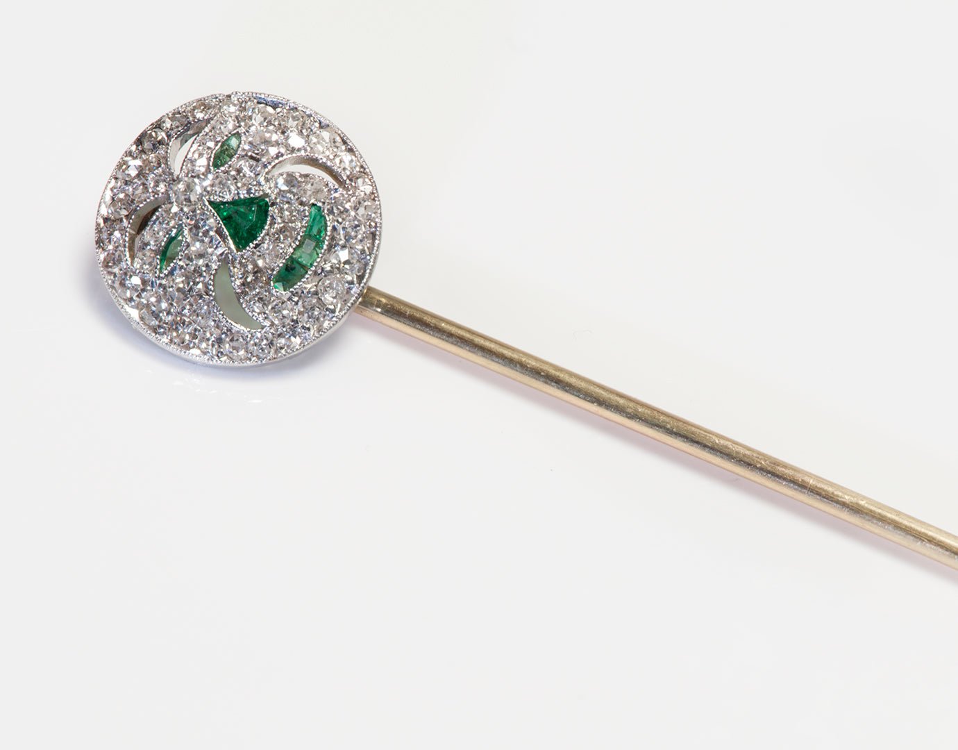Antique Edwardian Platinum Emerald Diamond Stick Pin
