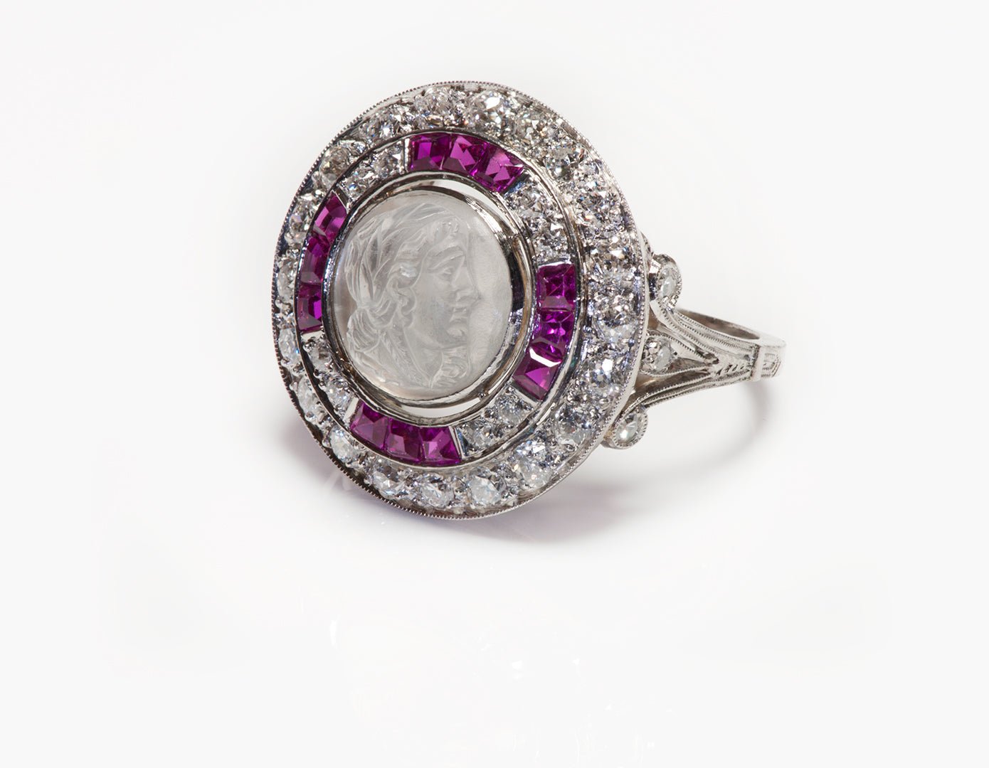 Antique Edwardian Platinum Moonstone Cameo Diamond Ruby Ring - DSF Antique Jewelry
