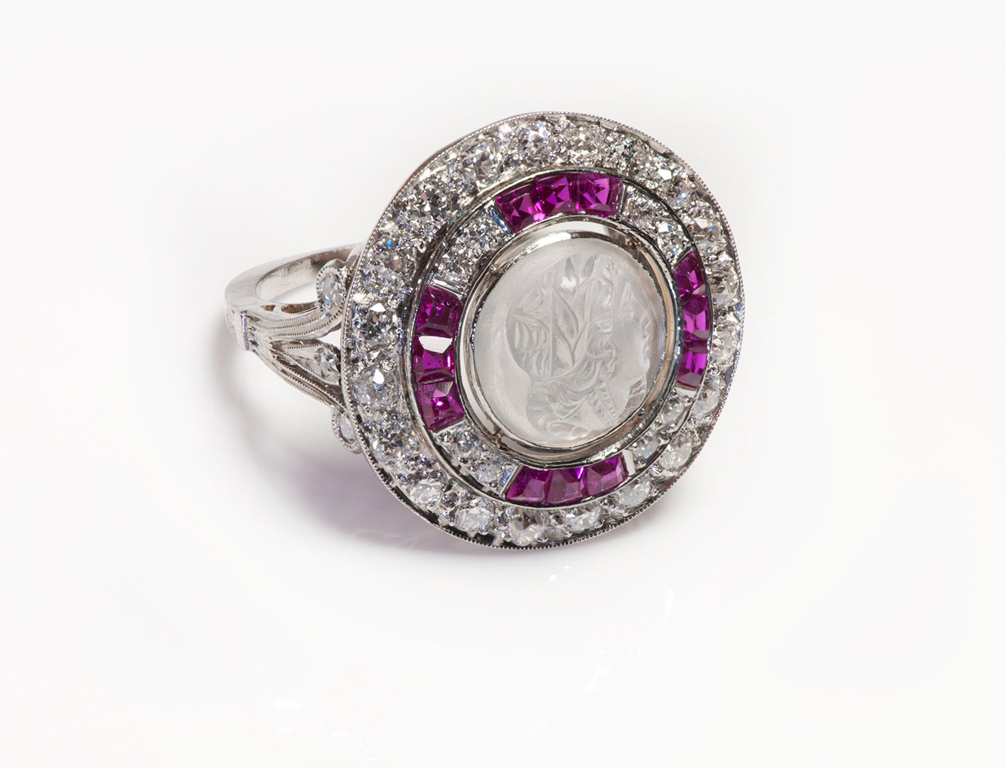 Antique Edwardian Platinum Moonstone Cameo Diamond Ruby Ring