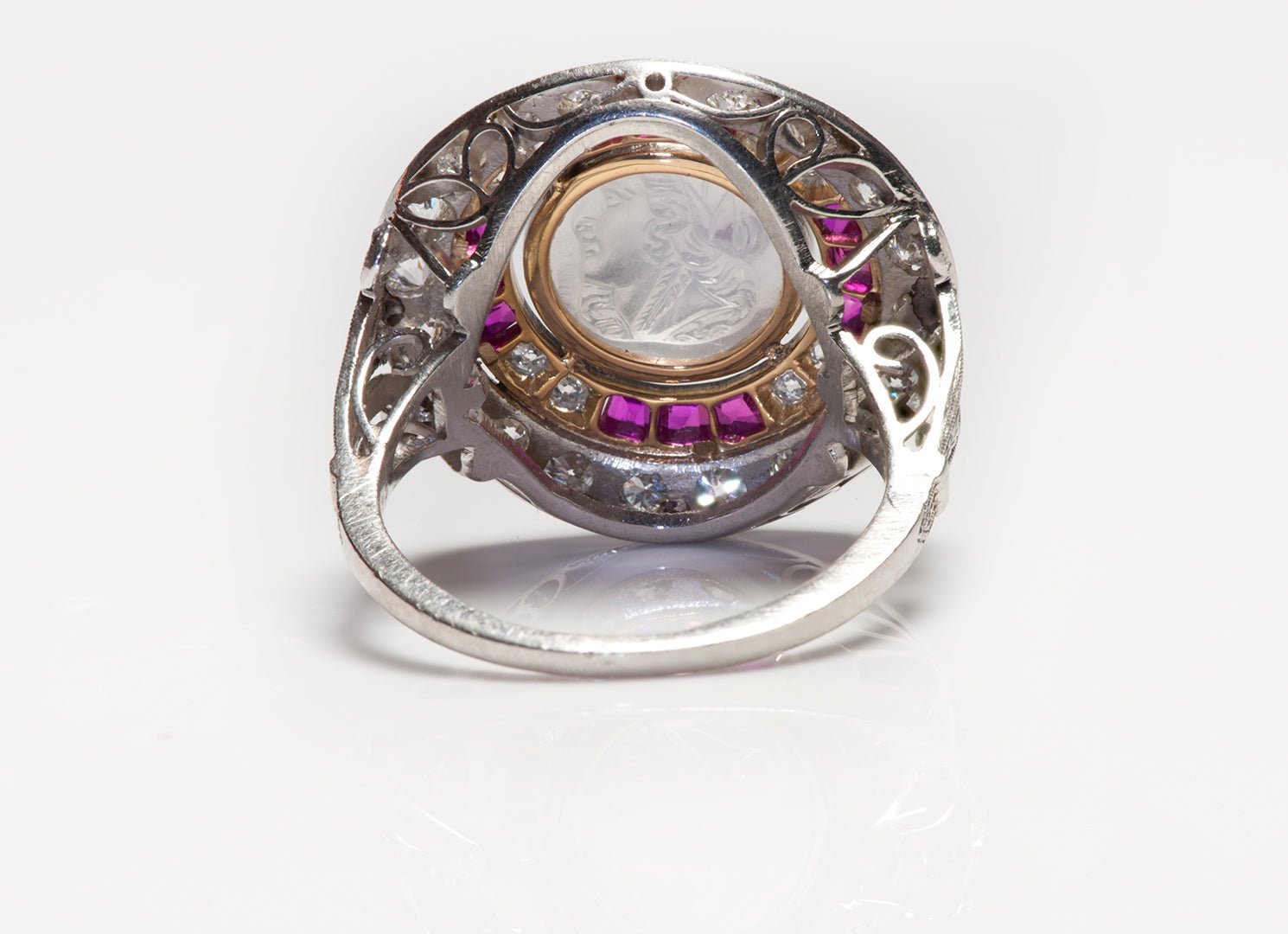 Antique Edwardian Platinum Moonstone Cameo Diamond Ruby Ring - DSF Antique Jewelry