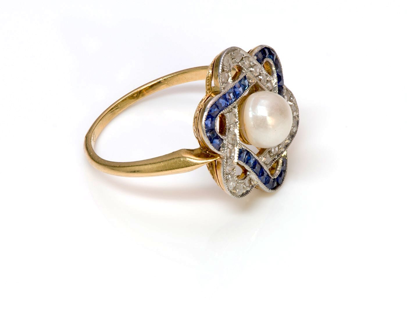 Antique Edwardian Sapphire Diamond Pearl 18K Gold Ring - DSF Antique Jewelry