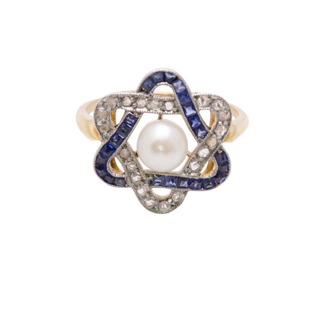 Antique Edwardian Sapphire Diamond Pearl 18K Gold Ring