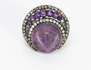 Antique Egyptian Revival Carved Amethyst Diamond Pendant Brooch