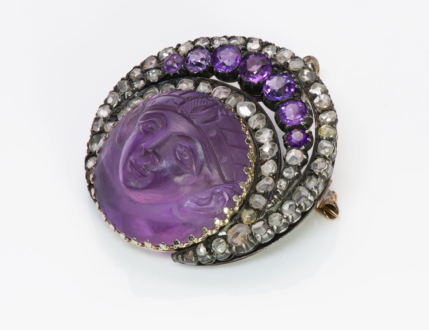 Antique Egyptian Revival Carved Amethyst Diamond Pendant Brooch - DSF Antique Jewelry