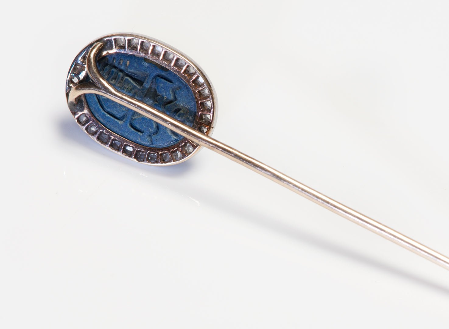 Antique Egyptian Revival Carved Scarab Lapis Diamond Gold Stick Pin - DSF Antique Jewelry