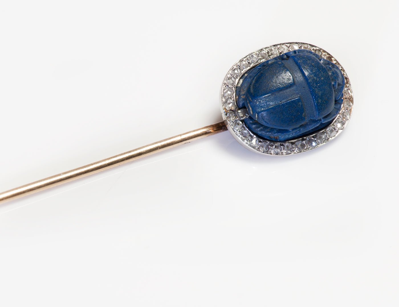 Antique Egyptian Revival Carved Scarab Lapis Diamond Gold Stick Pin - DSF Antique Jewelry