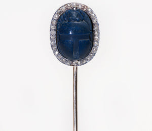 Antique Egyptian Revival Carved Scarab Lapis Diamond Gold Stick Pin