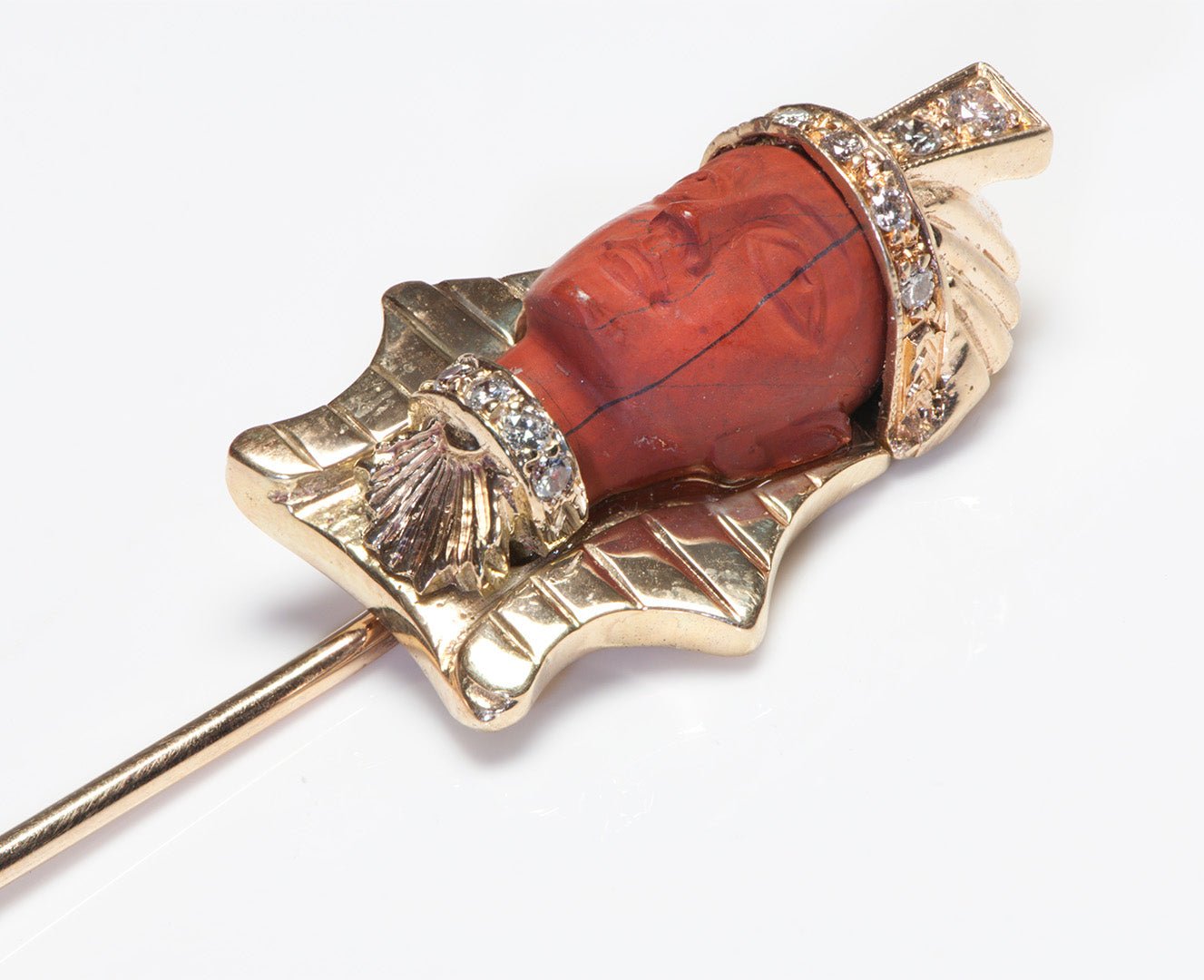 Antique Egyptian Revival Diamond Carnelian Gold Pharaoh Stick Pin