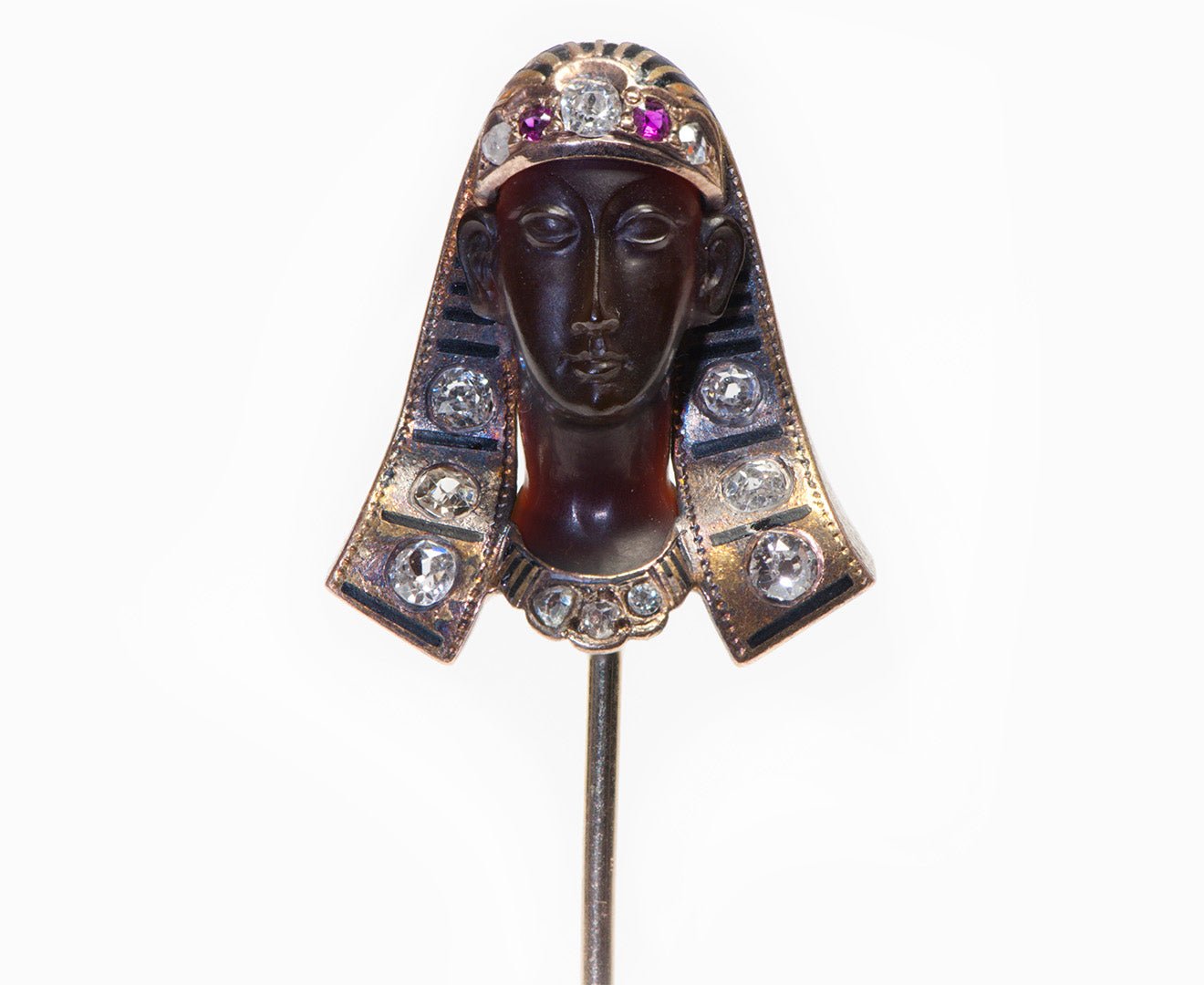 Antique Egyptian Revival Diamond Ruby Sardonyx Gold Pharaoh Stick Pin - DSF Antique Jewelry