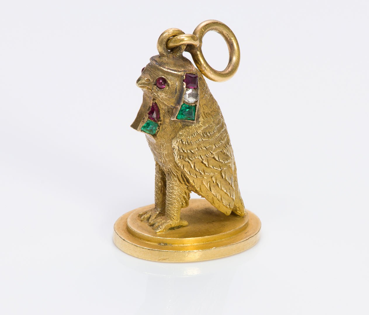 Antique Egyptian Revival Gold Ruby Diamond Emerald "Horus" Fob Seal - DSF Antique Jewelry
