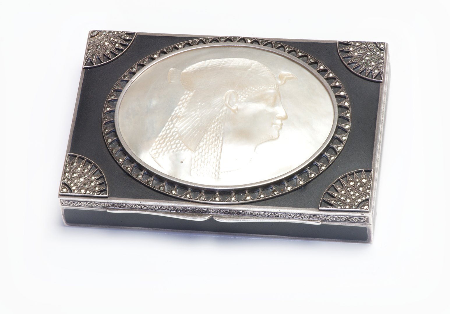 Antique Egyptian Revival Silver Matte Enamel Marcasite Case - DSF Antique Jewelry