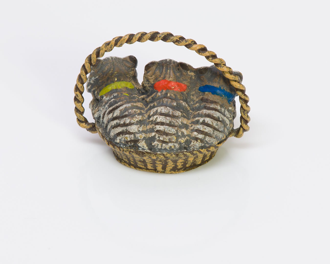 Antique Enamel Bronze Miniature Basket Cat Kittens