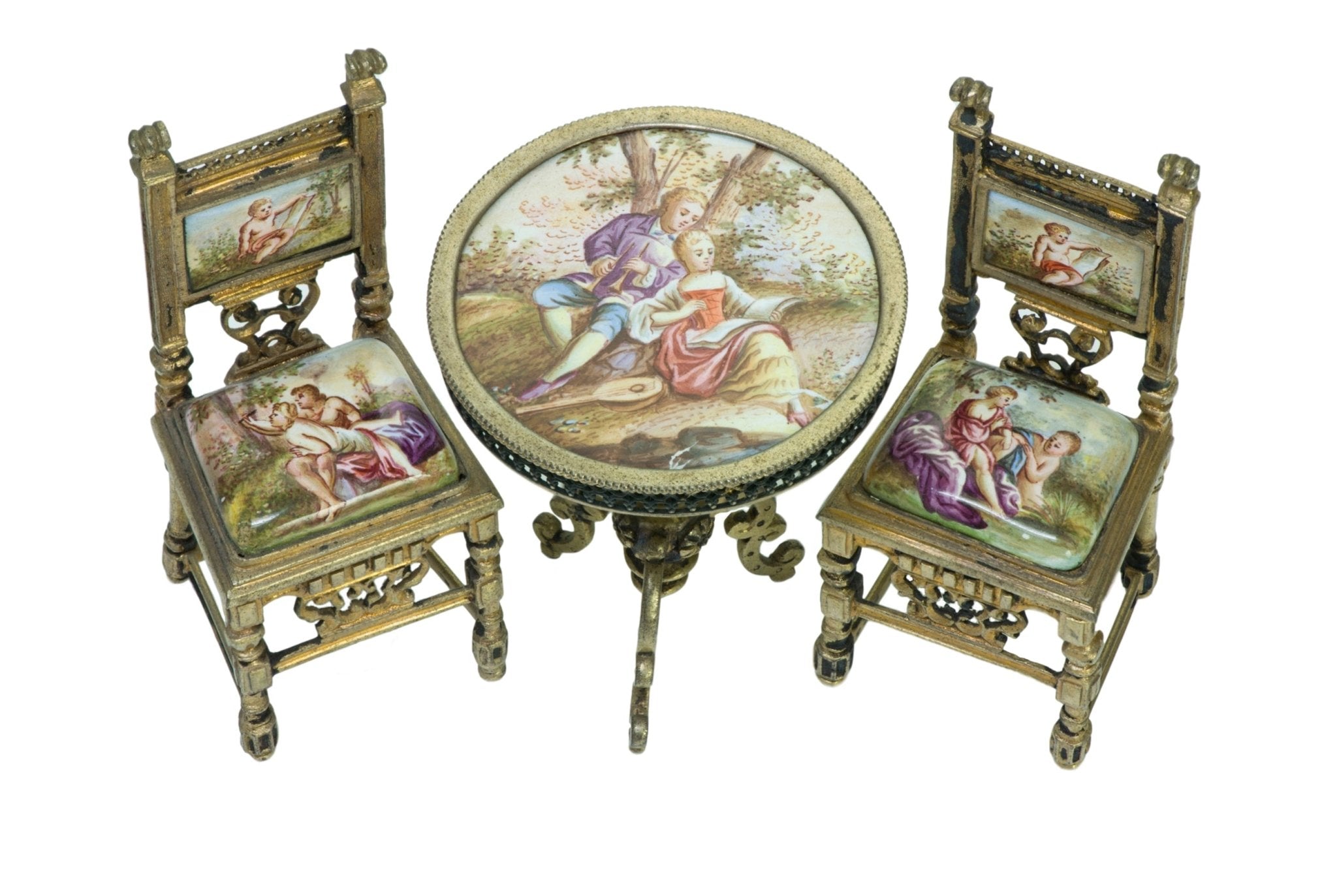 Antique Enamel Viennese Miniature Chairs & Table - DSF Antique Jewelry