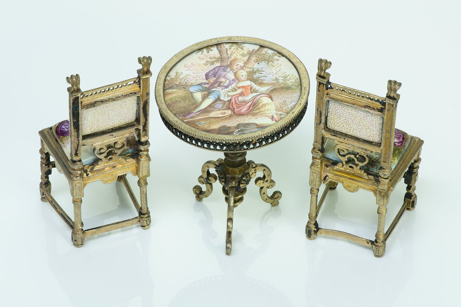 Antique Enamel Viennese Miniature Chairs & Table