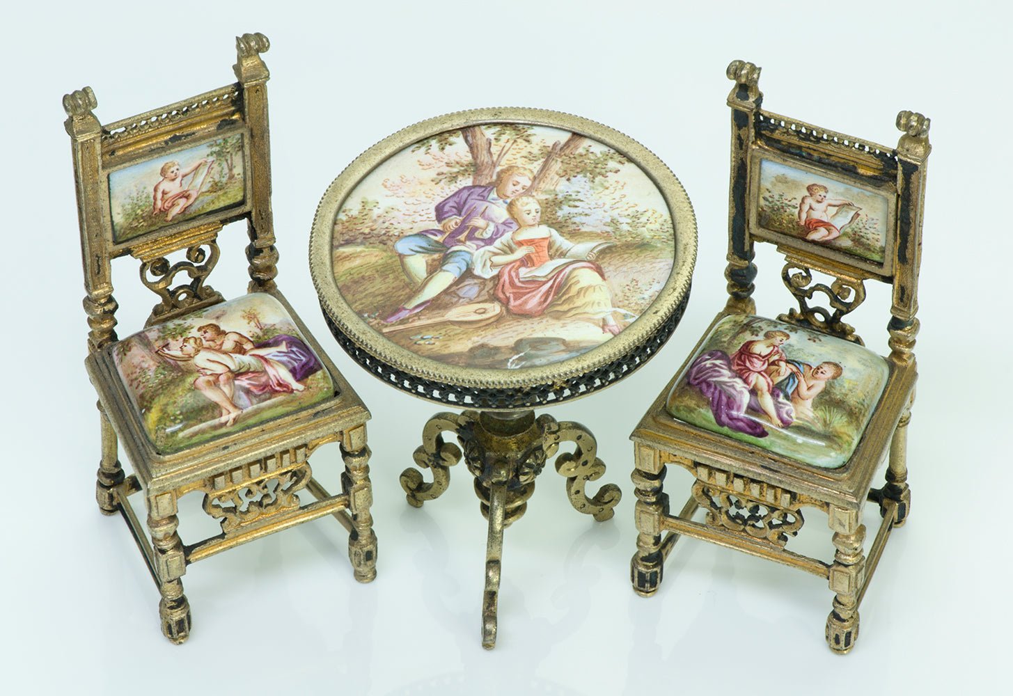 Antique Enamel Viennese Miniature Chairs & Table