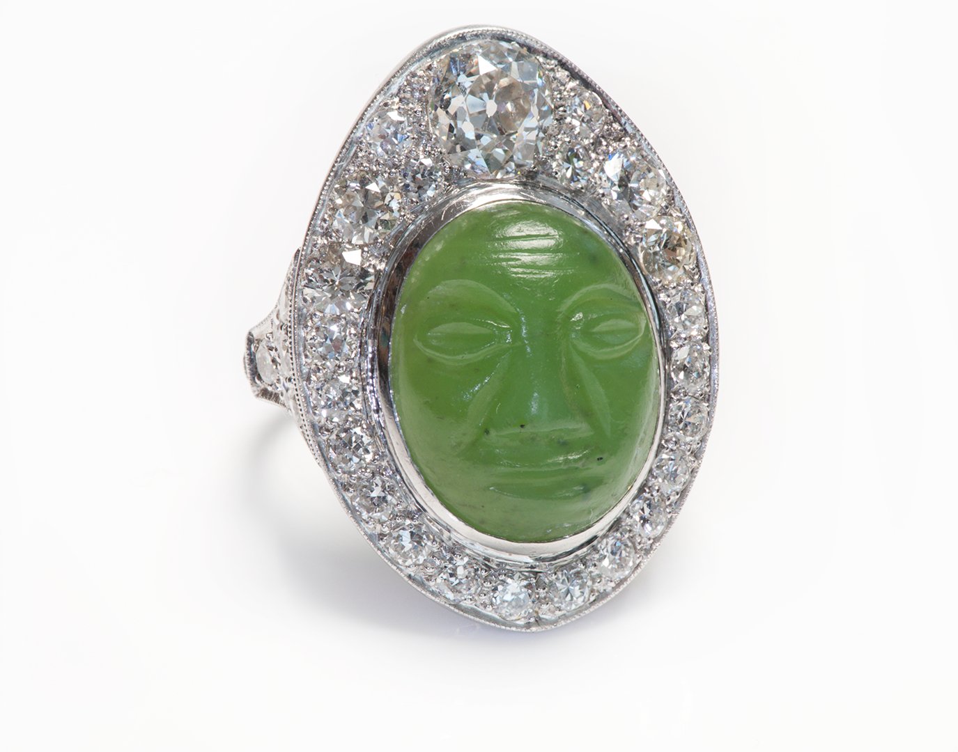 Antique Ethnic Face Jade Diamond Platinum Ring