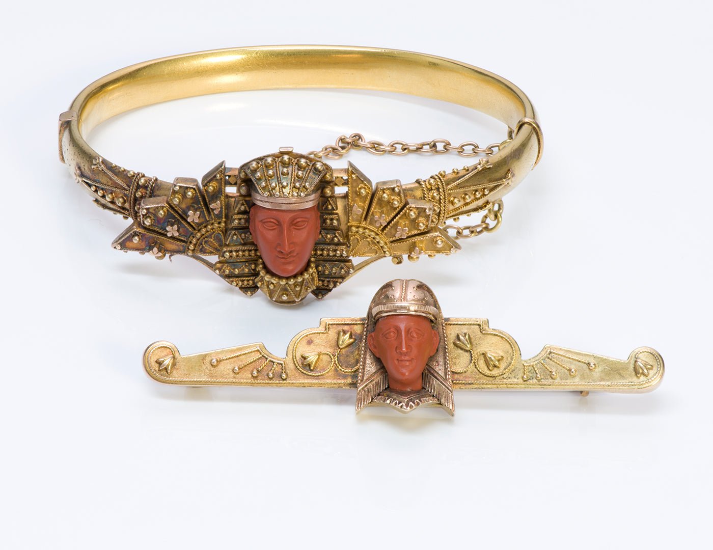 Antique Etruscan Egyptian Revival Carnelian Gold Bracelet Brooch - DSF Antique Jewelry