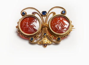 Antique Etruscan Revival Gold Carnelian Intaglio Sapphire Brooch