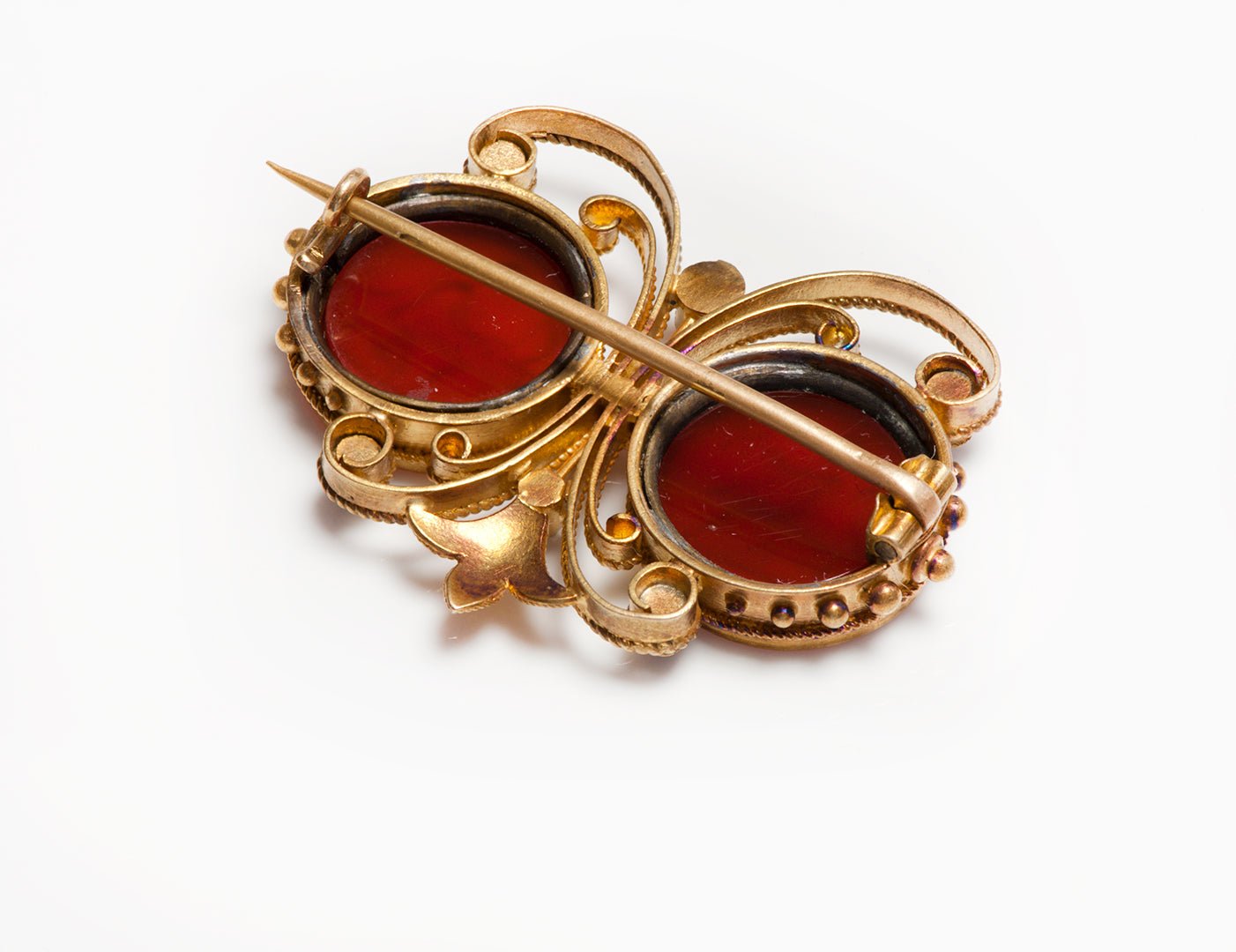 Antique Etruscan Revival Gold Carnelian Intaglio Sapphire Brooch - DSF Antique Jewelry