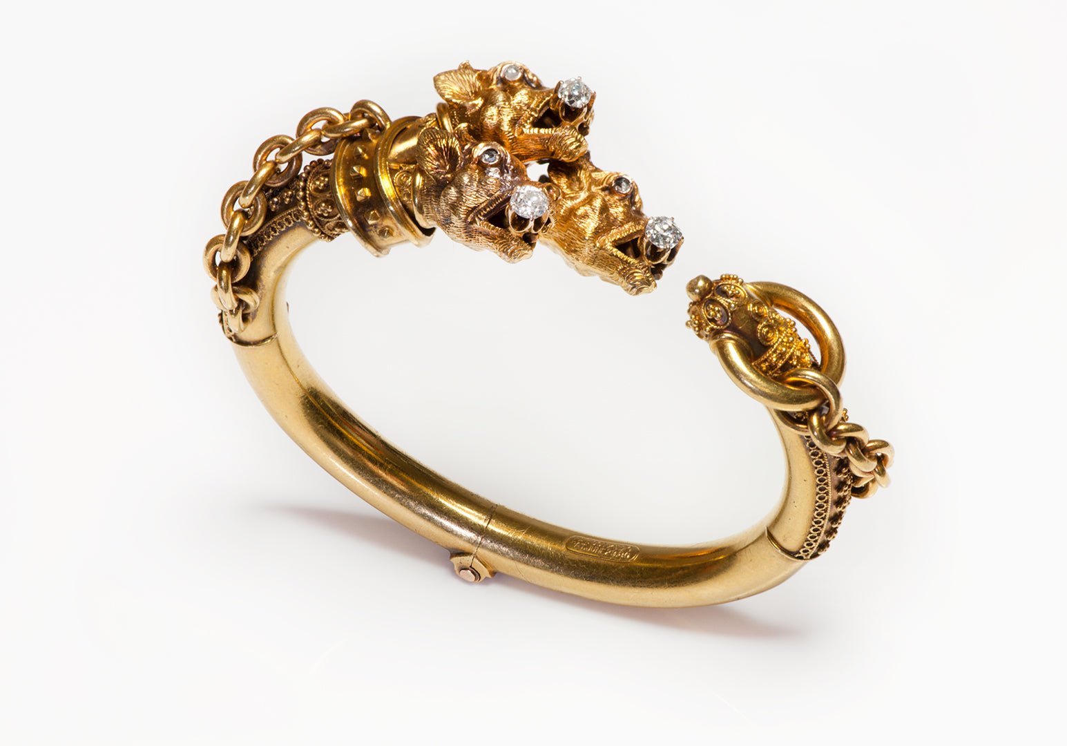 Antique Etruscan Revival Gold Diamond Cerberus Cuff Bracelet