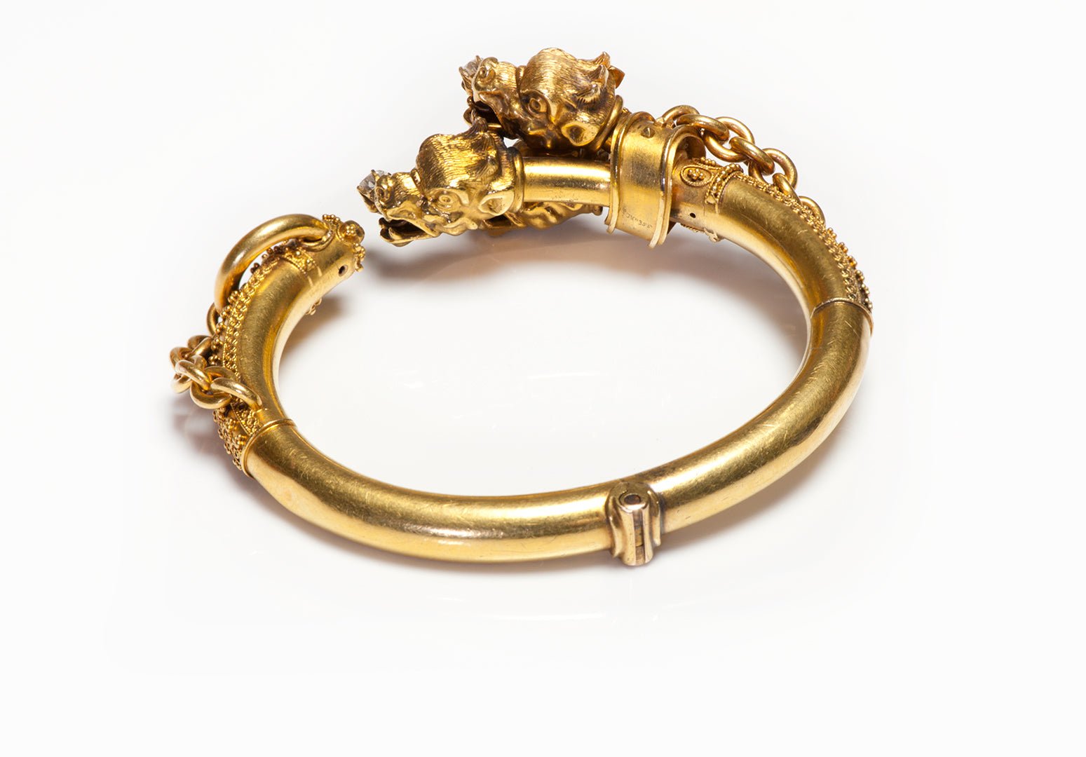 Antique Etruscan Revival Gold Diamond Cerberus Cuff Bracelet